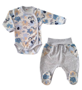 Komplet body asymetryczne + półśpioch Słoniki Szare