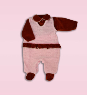 Komplet śpioch + kaftan welurowy  różowy z falbanką