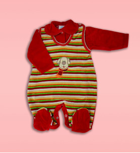 Komplet śpioch + kaftan welurowy  czerwony w paski