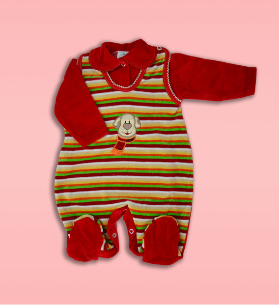 Komplet śpioch + kaftan welurowy  czerwony w paski