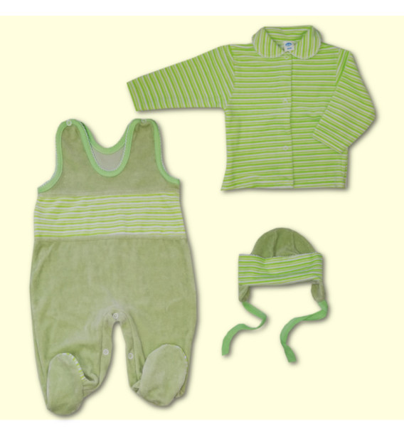 Komplet śpioch + kaftan + czapeczka welurowy  zielone paski 