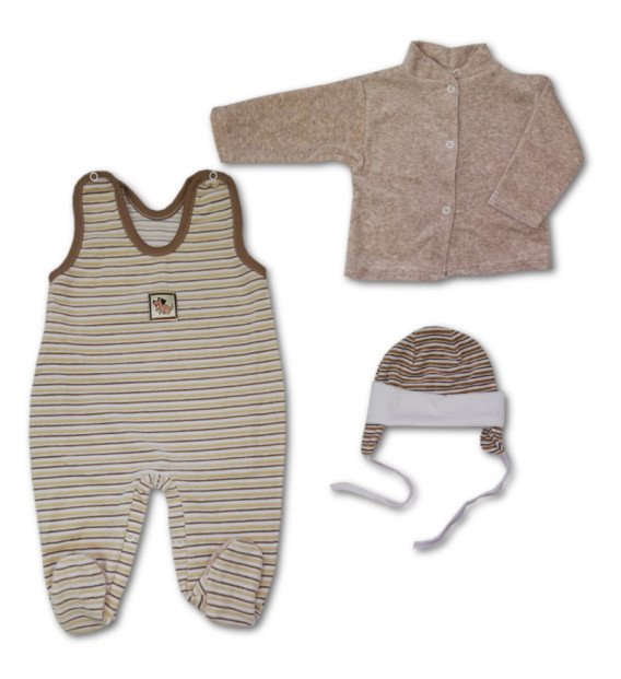 Komplet śpioch + kaftan + czapeczka welurowy  brązowe paski 