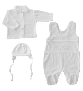 Komplet  welurowy śpioch + kaftan + czapka - biały