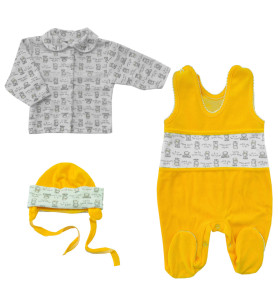 Komplet welurowy  śpioch + kaftan + czapka  - żółty